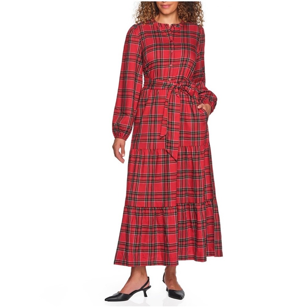 Lands End Red Plaid Tiered Midi Dress XL 16-18 Long Sleeve Belted Henley Tartan